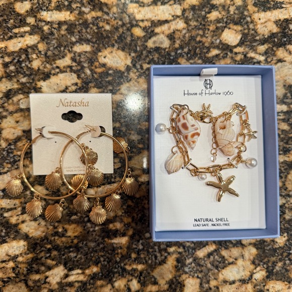House of Harlow 1960 Jewelry - House of Harlow Gold Shell Starfish Charm Bracelet & Natasha Gold Shell Earring
